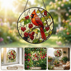 Cardinal & Winter Berries Stained Glass Suncatcher