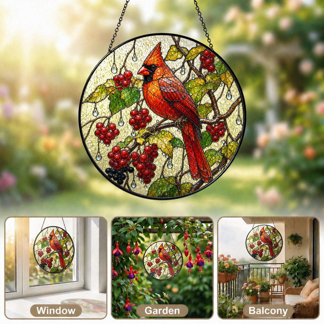 Cardinal & Winter Berries Stained Glass Suncatcher