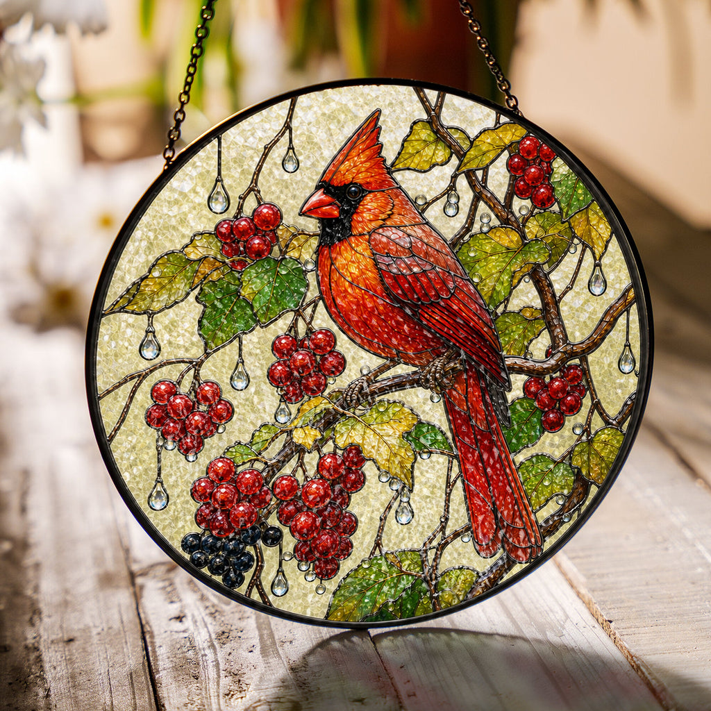 Cardinal & Winter Berries Stained Glass Suncatcher