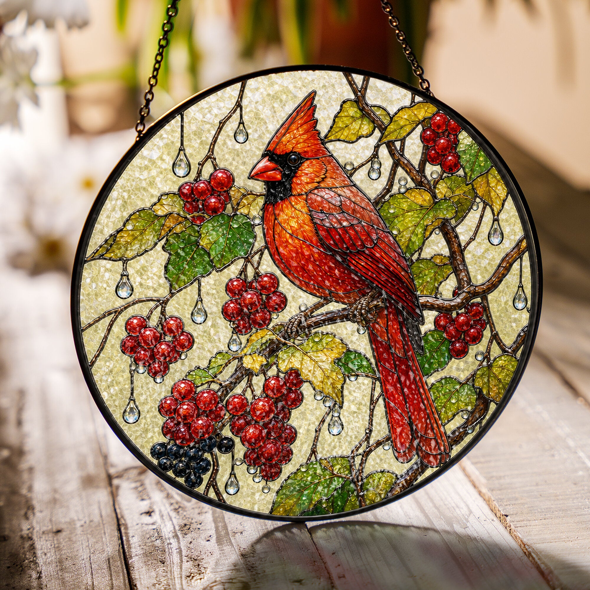 Cardinal & Winter Berries Stained Glass Suncatcher