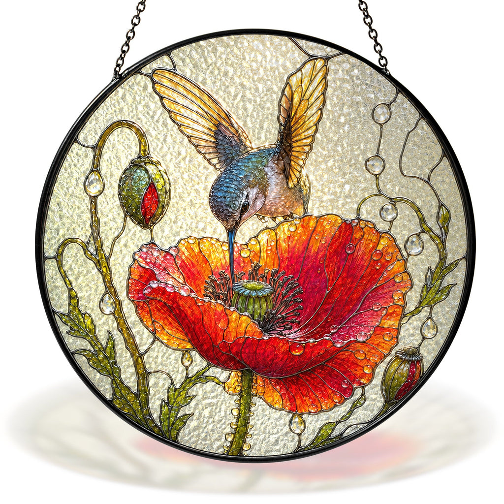 Hummingbird and red poppy stained glass suncatcher
