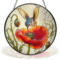 Hummingbird and red poppy stained glass suncatcher