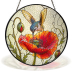 Hummingbird and red poppy stained glass suncatcher