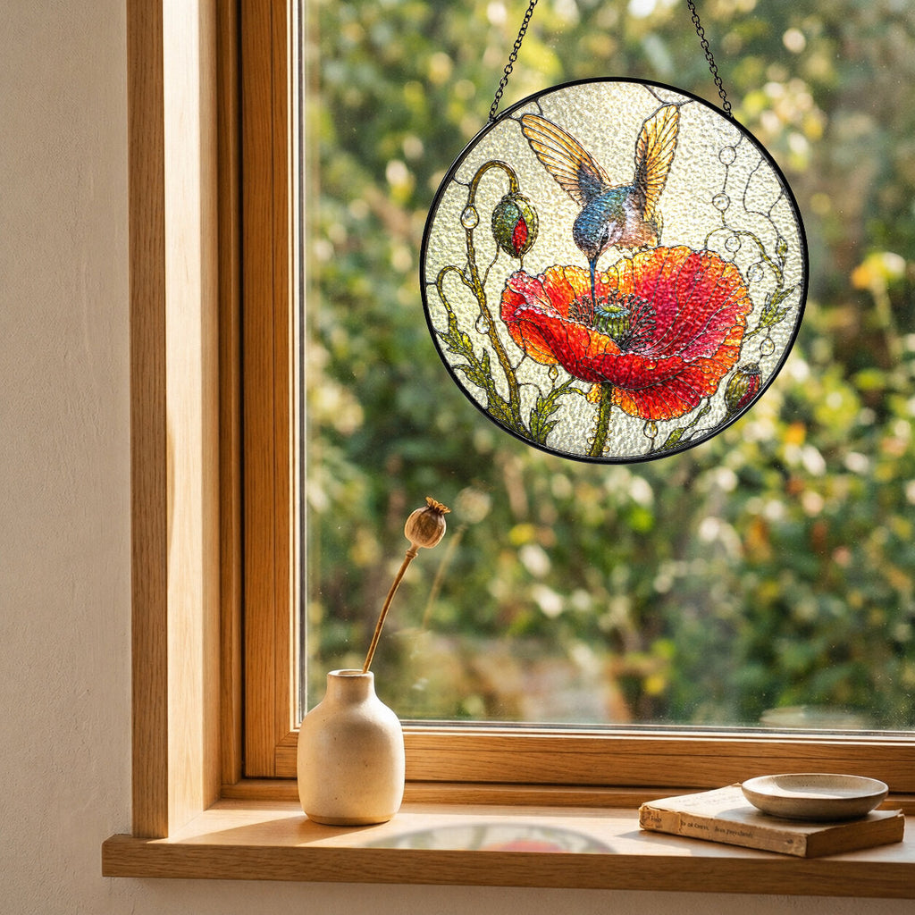 Hummingbird & Red Poppy Stained Glass Suncatcher