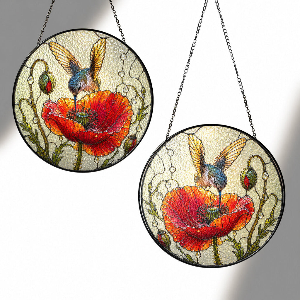 Hummingbird & Red Poppy Stained Glass Suncatcher