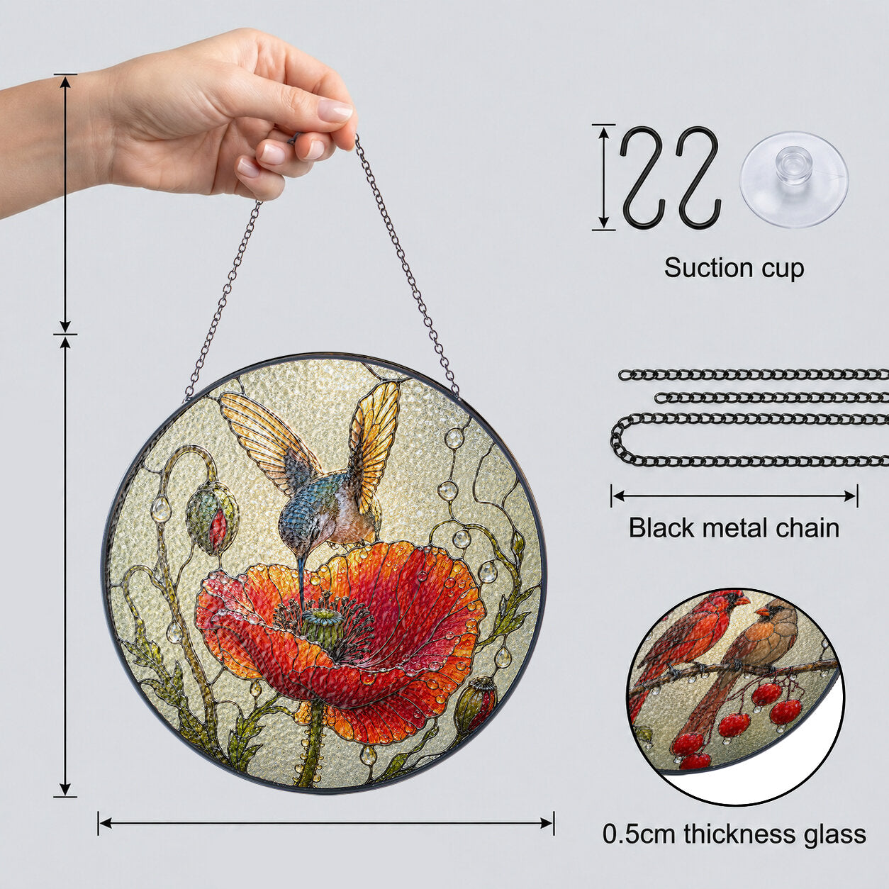 Hummingbird & Red Poppy Stained Glass Suncatcher