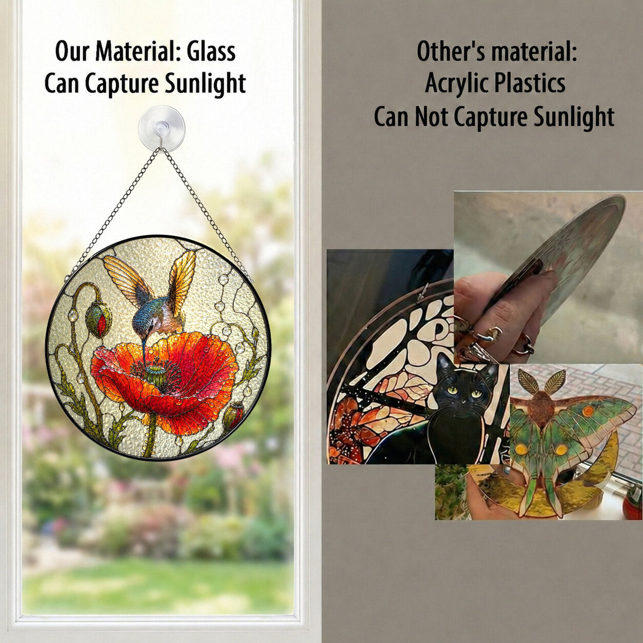 Hummingbird & Red Poppy Stained Glass Suncatcher