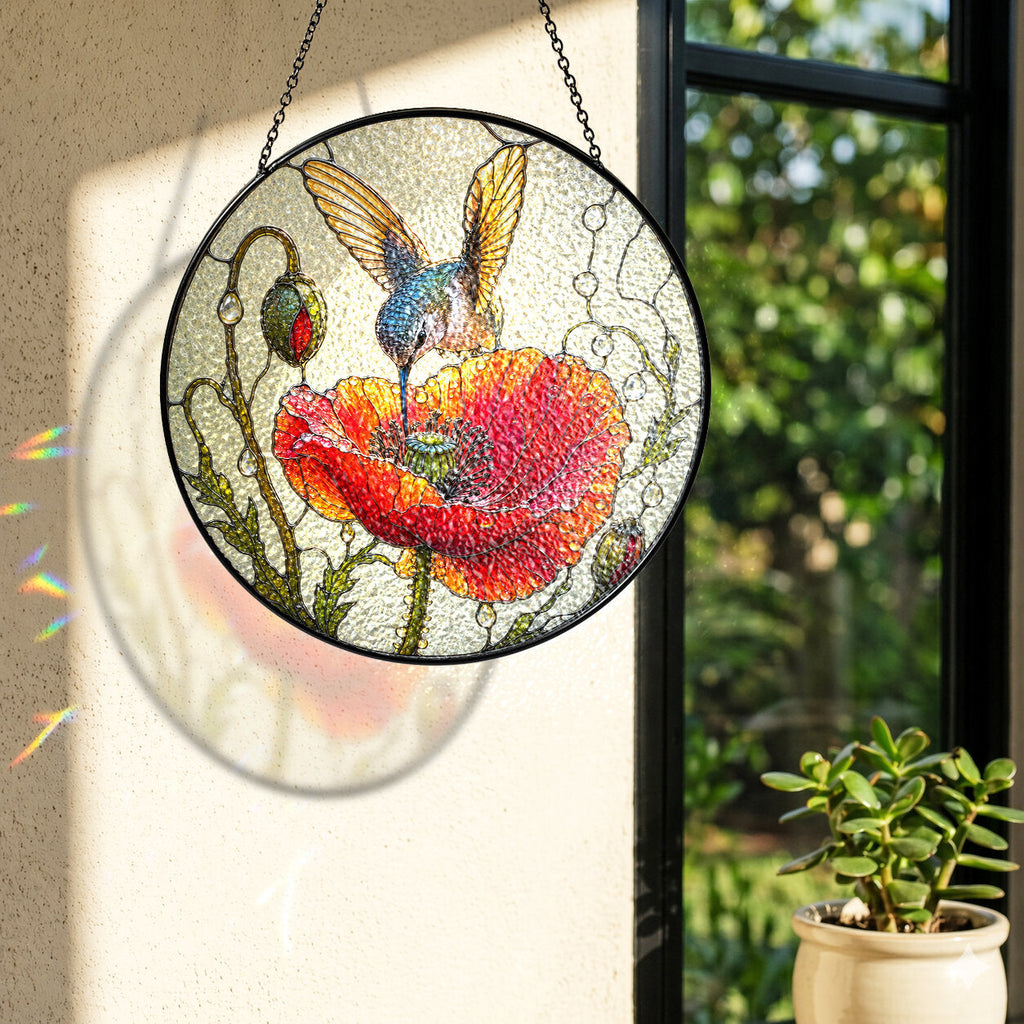 Hummingbird & Red Poppy Stained Glass Suncatcher
