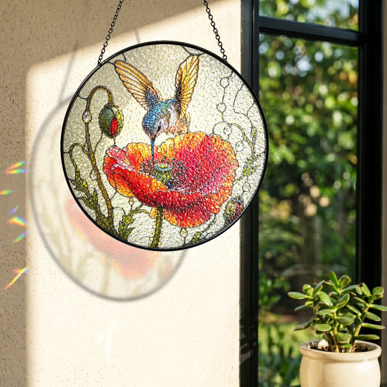 Hummingbird & Red Poppy Stained Glass Suncatcher