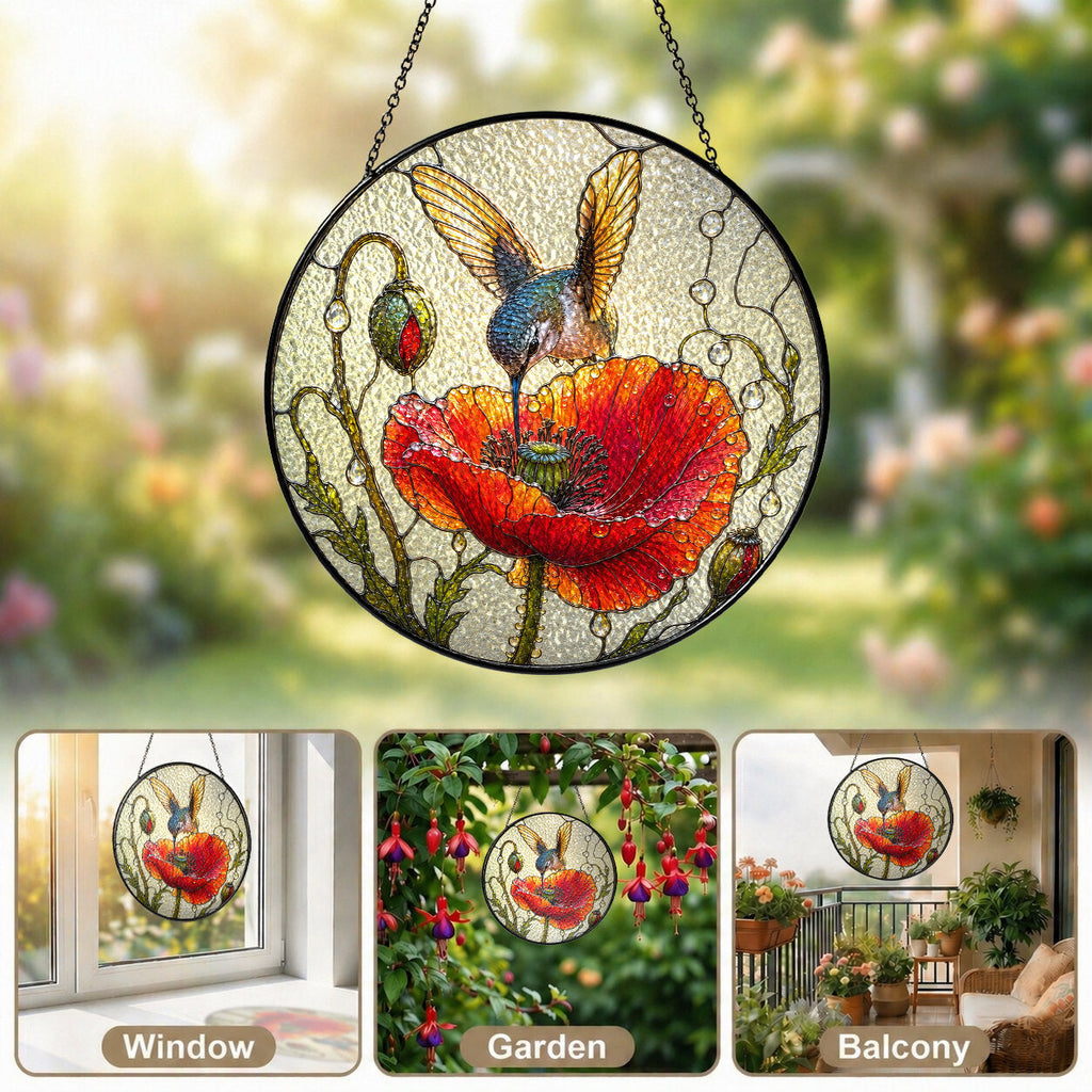 Hummingbird & Red Poppy Stained Glass Suncatcher