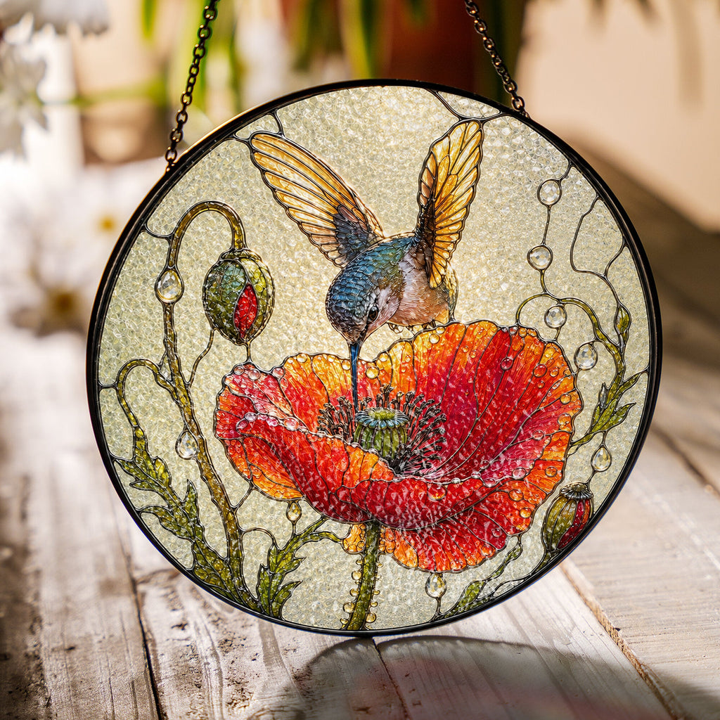 Hummingbird & Red Poppy Stained Glass Suncatcher
