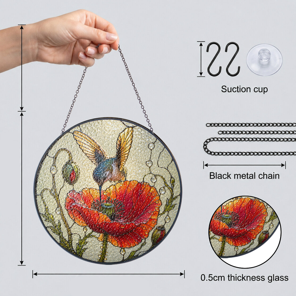 Hummingbird & Red Poppy Stained Glass Suncatcher