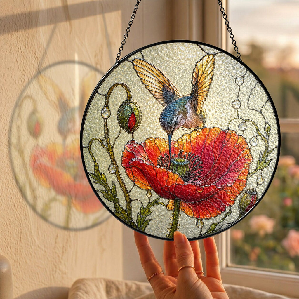 Hummingbird & Red Poppy Stained Glass Suncatcher