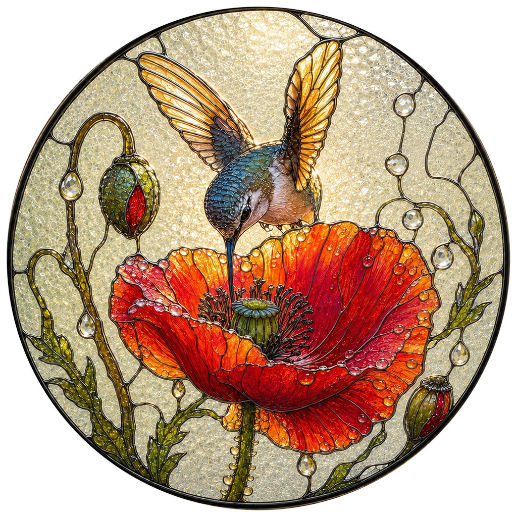 Hummingbird & Red Poppy Stained Glass Suncatcher
