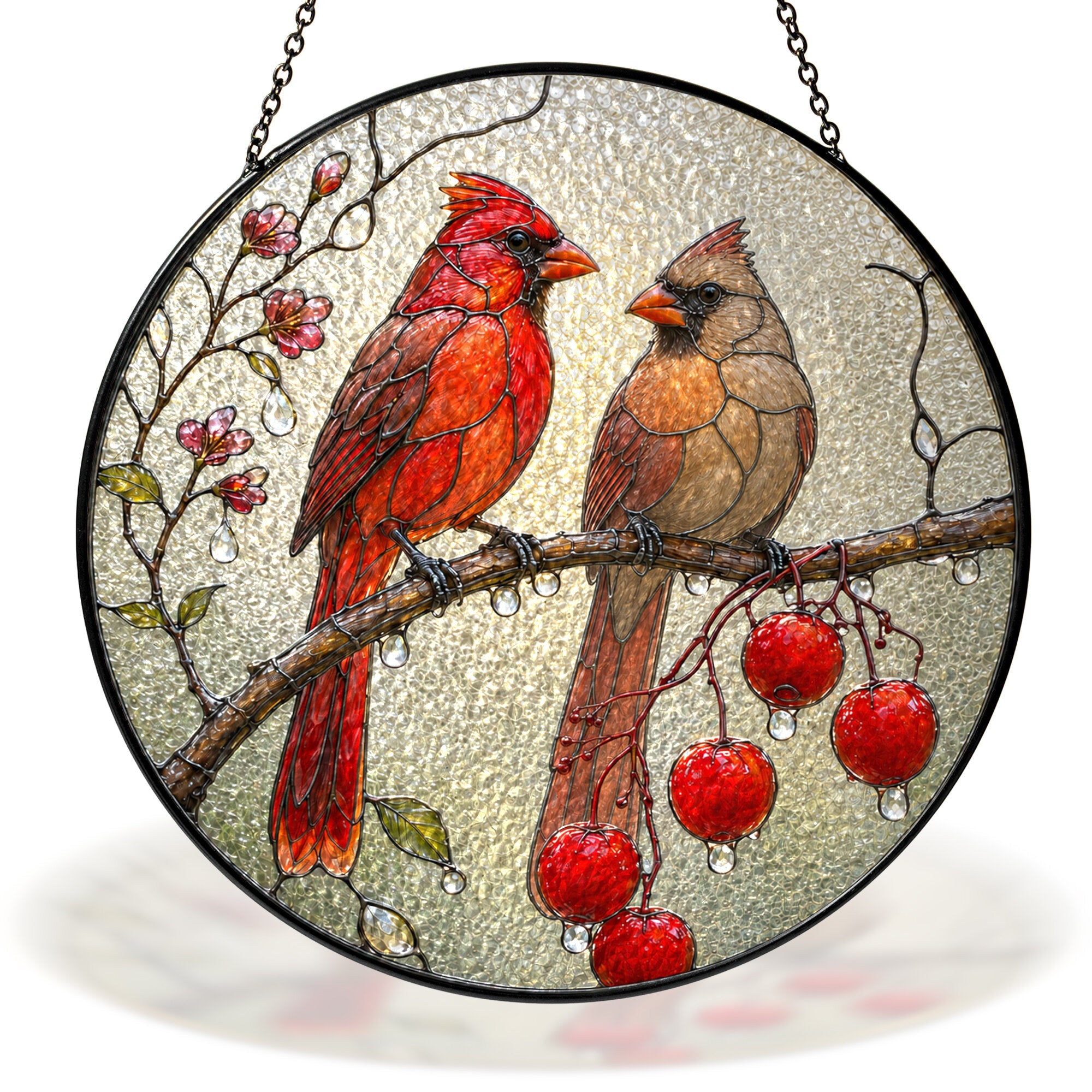 Cardinal Pair & Berry Branch Stained Glass Suncatcher