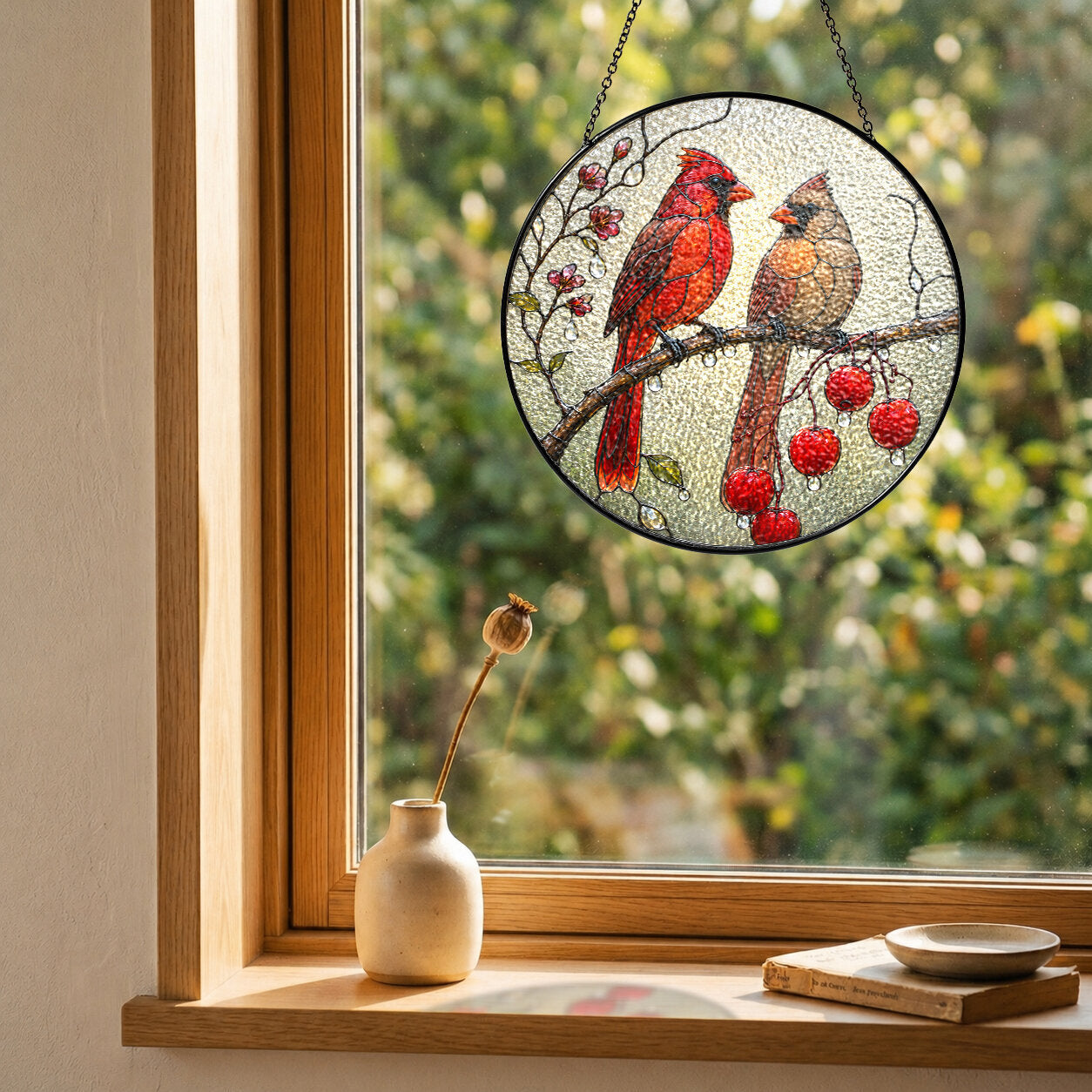 Cardinal Pair & Berry Branch Stained Glass Suncatcher