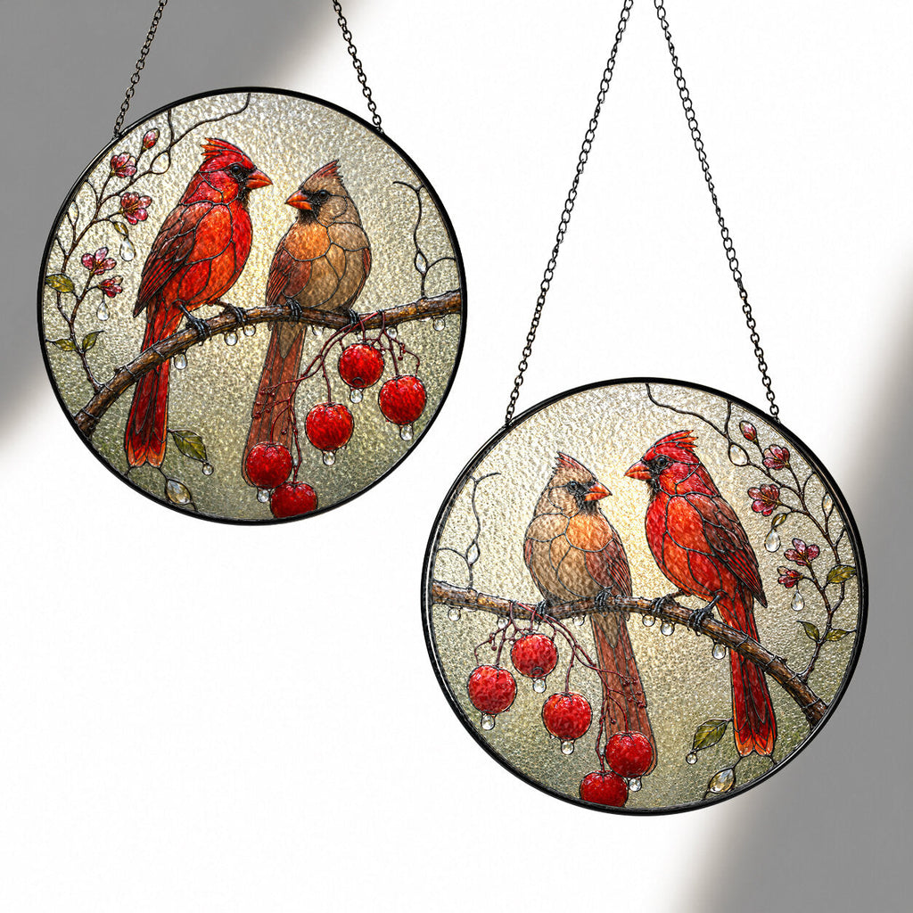 Cardinal Pair & Berry Branch Stained Glass Suncatcher