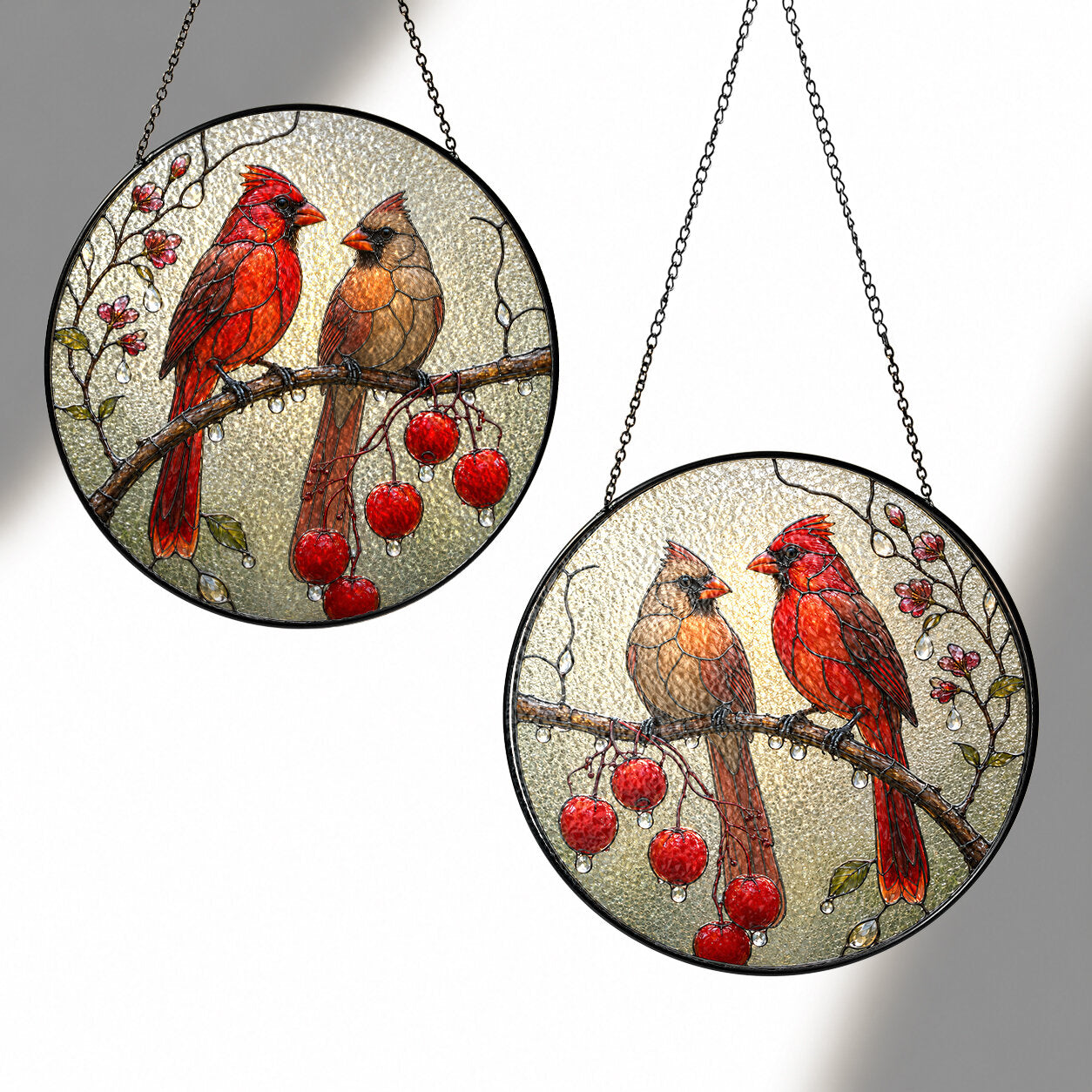 Cardinal Pair & Berry Branch Stained Glass Suncatcher