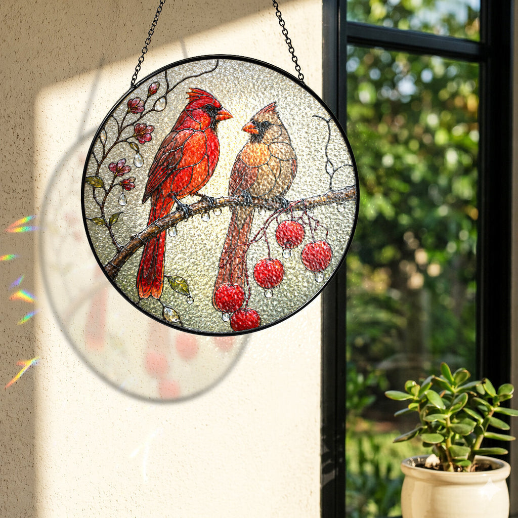 Cardinal Pair & Berry Branch Stained Glass Suncatcher