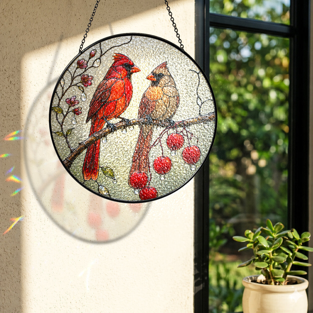 Cardinal Pair & Berry Branch Stained Glass Suncatcher