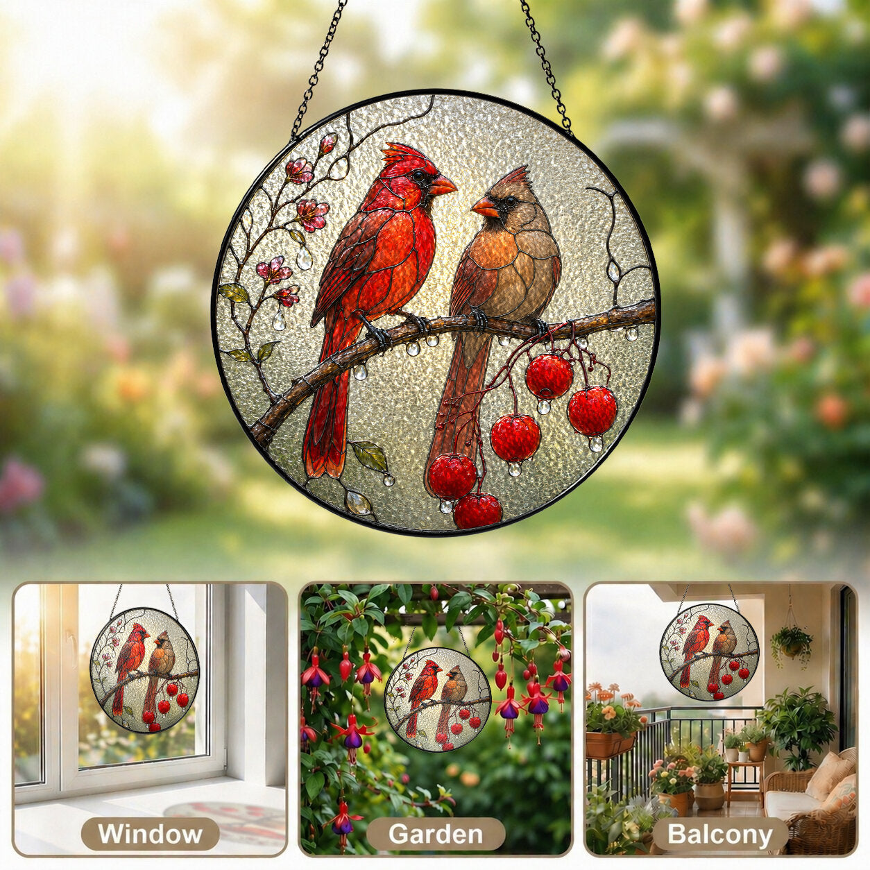 Cardinal Pair & Berry Branch Stained Glass Suncatcher