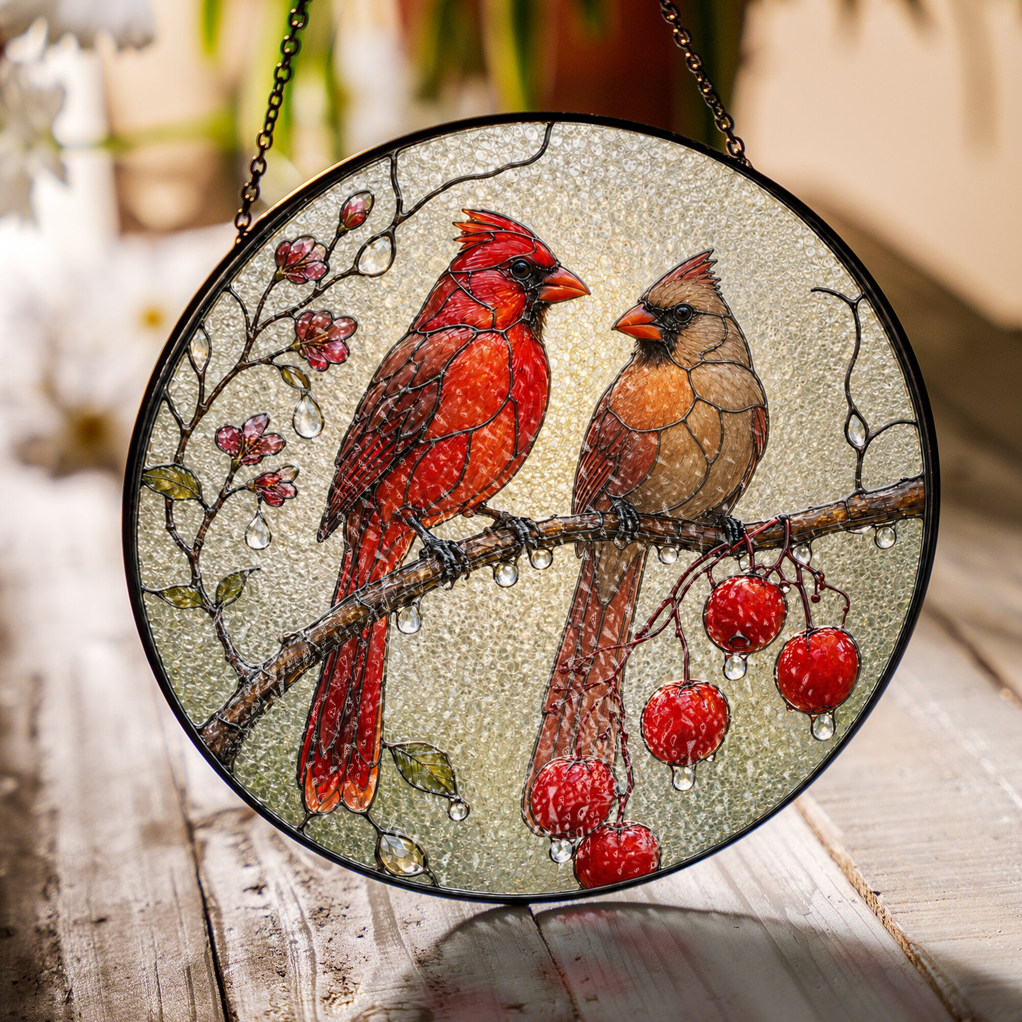 Cardinal Pair & Berry Branch Stained Glass Suncatcher
