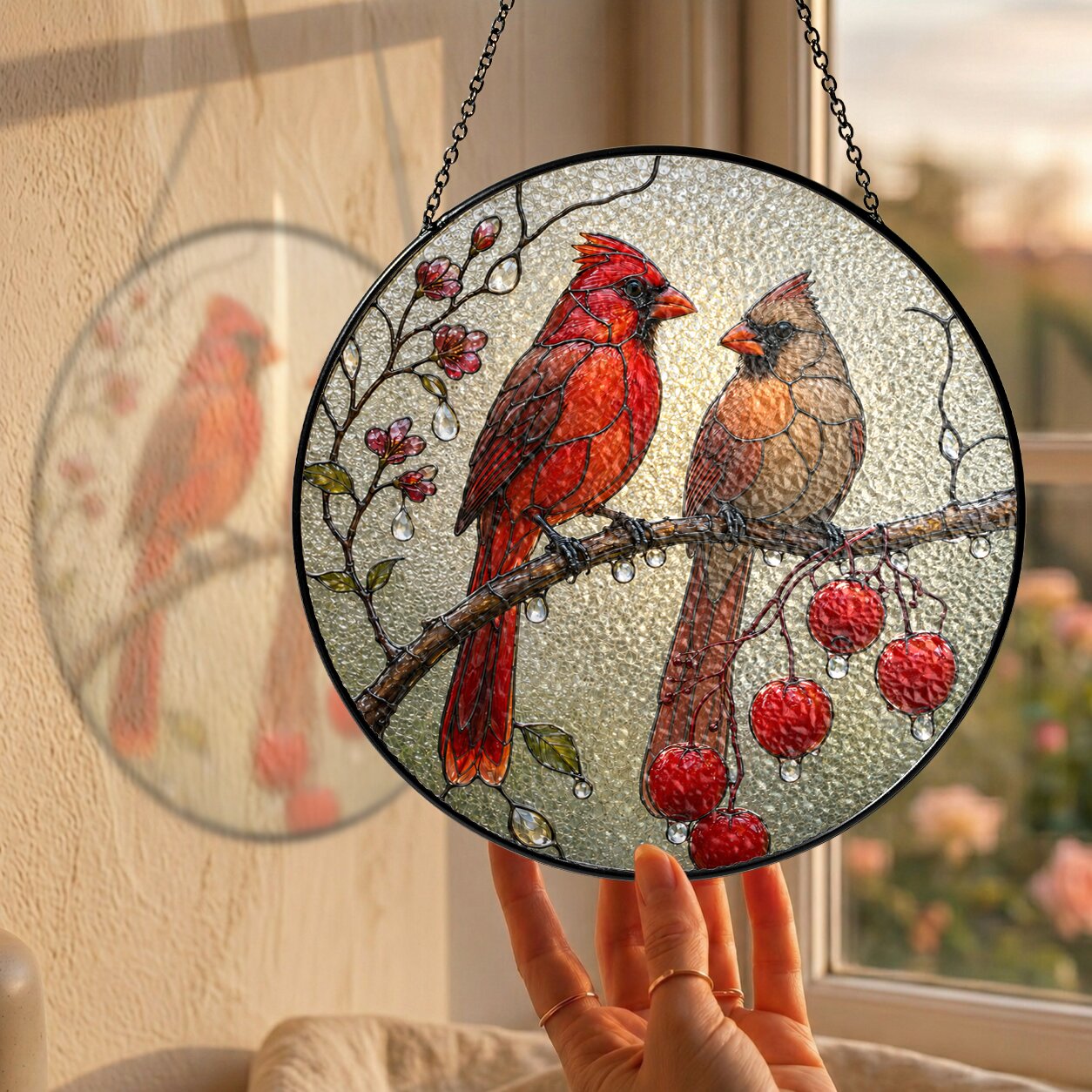 Cardinal Pair & Berry Branch Stained Glass Suncatcher