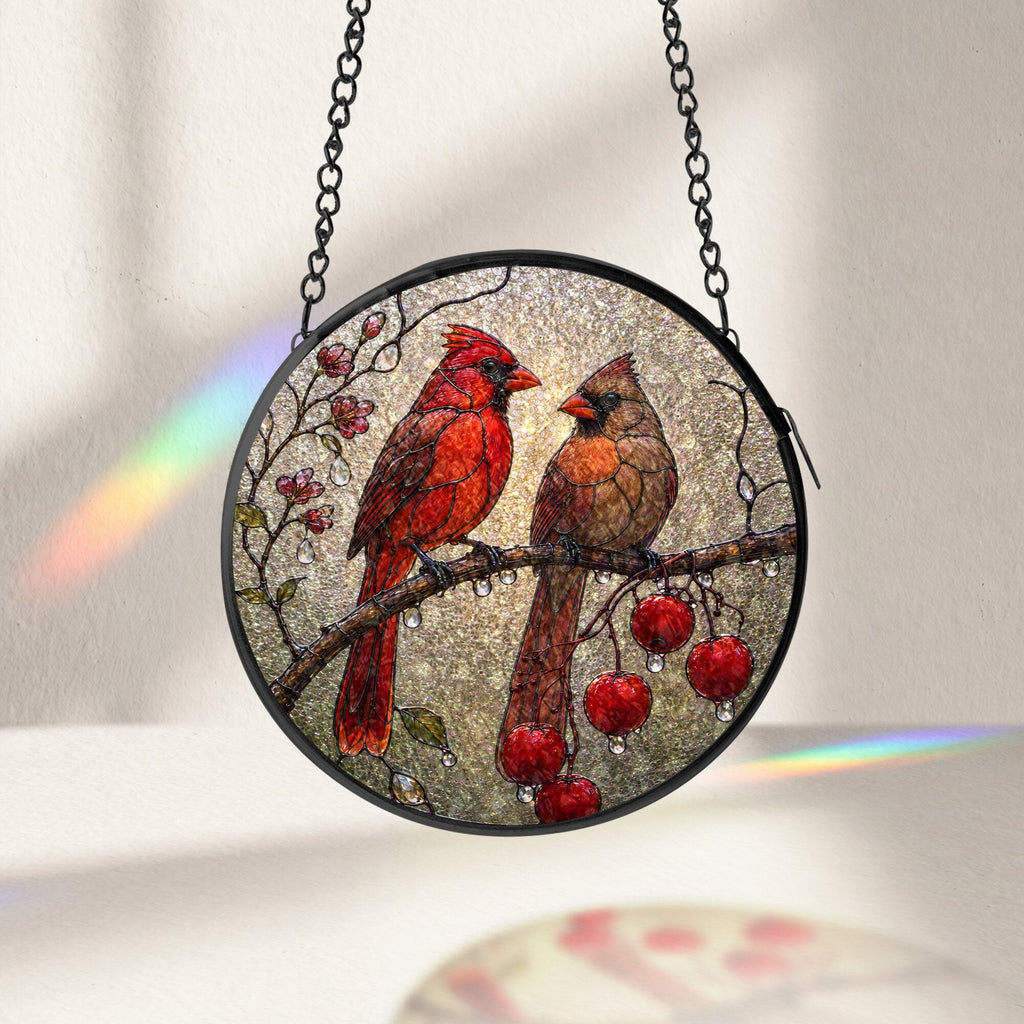 Cardinal Pair & Berry Branch Stained Glass Suncatcher