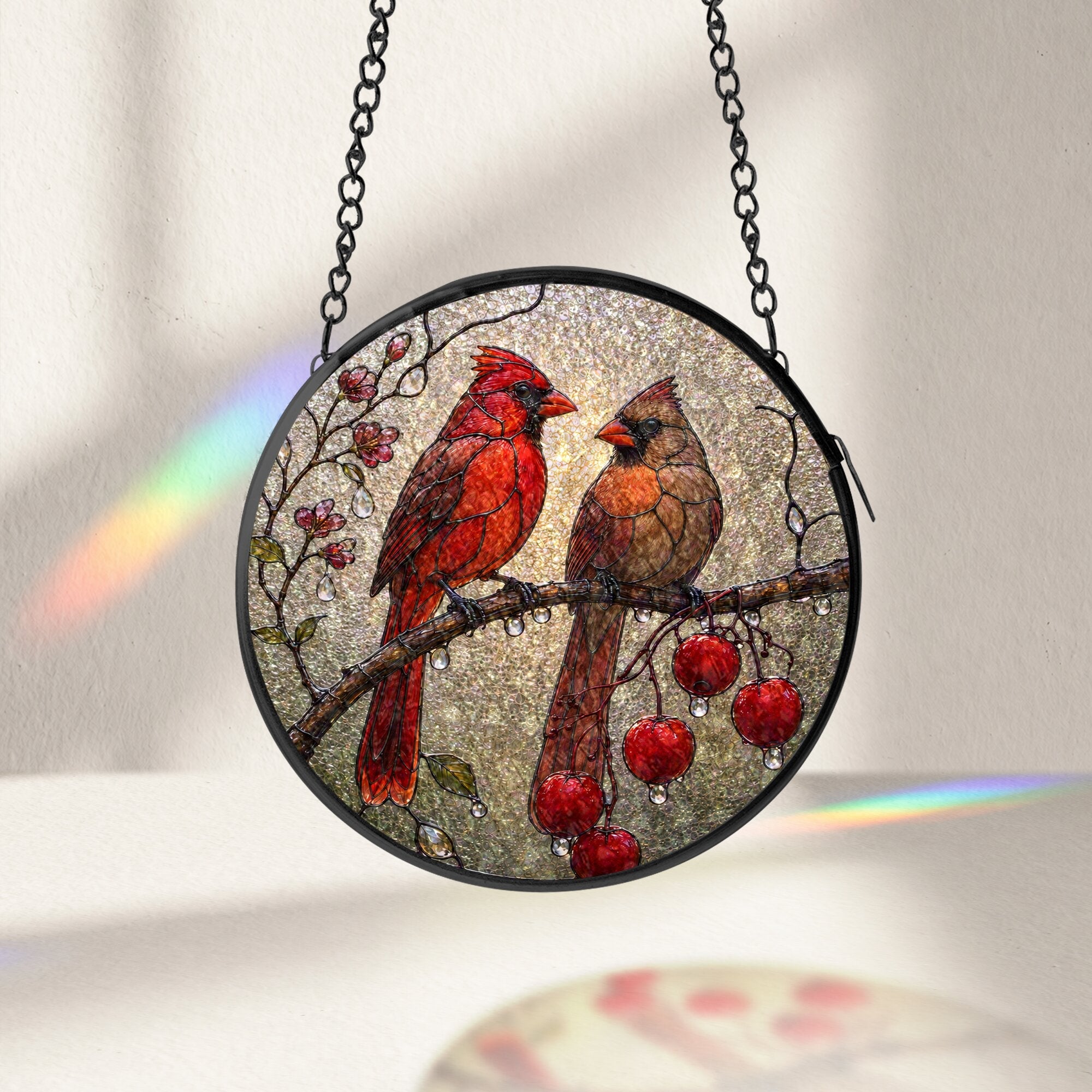 Cardinal Pair & Berry Branch Stained Glass Suncatcher