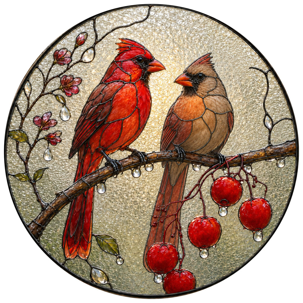 Cardinal Pair & Berry Branch Stained Glass Suncatcher