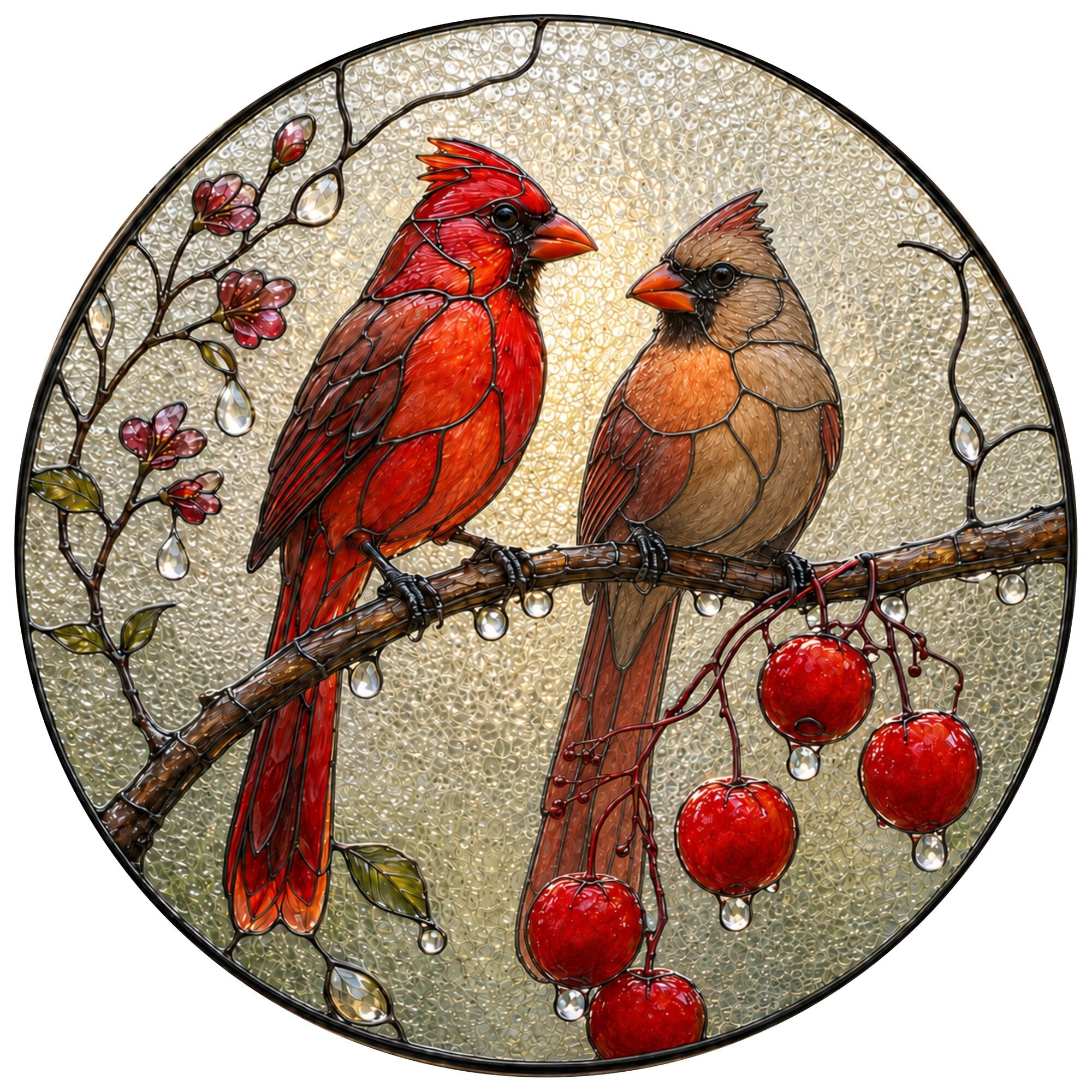 Cardinal Pair & Berry Branch Stained Glass Suncatcher