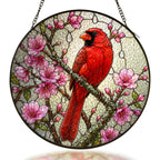 Cardinal and pink cherry blossom stained glass suncatcher