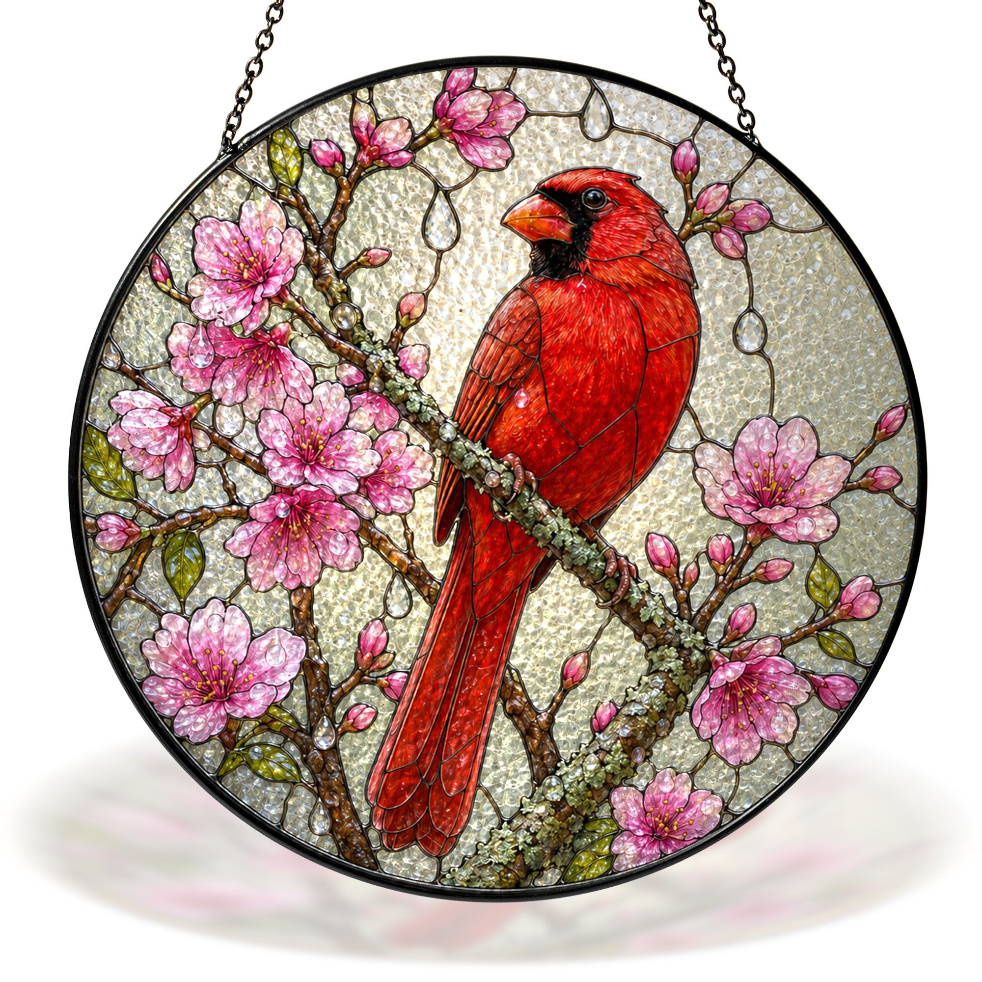 Cardinal & Cherry Blossom Stained Glass Suncatcher