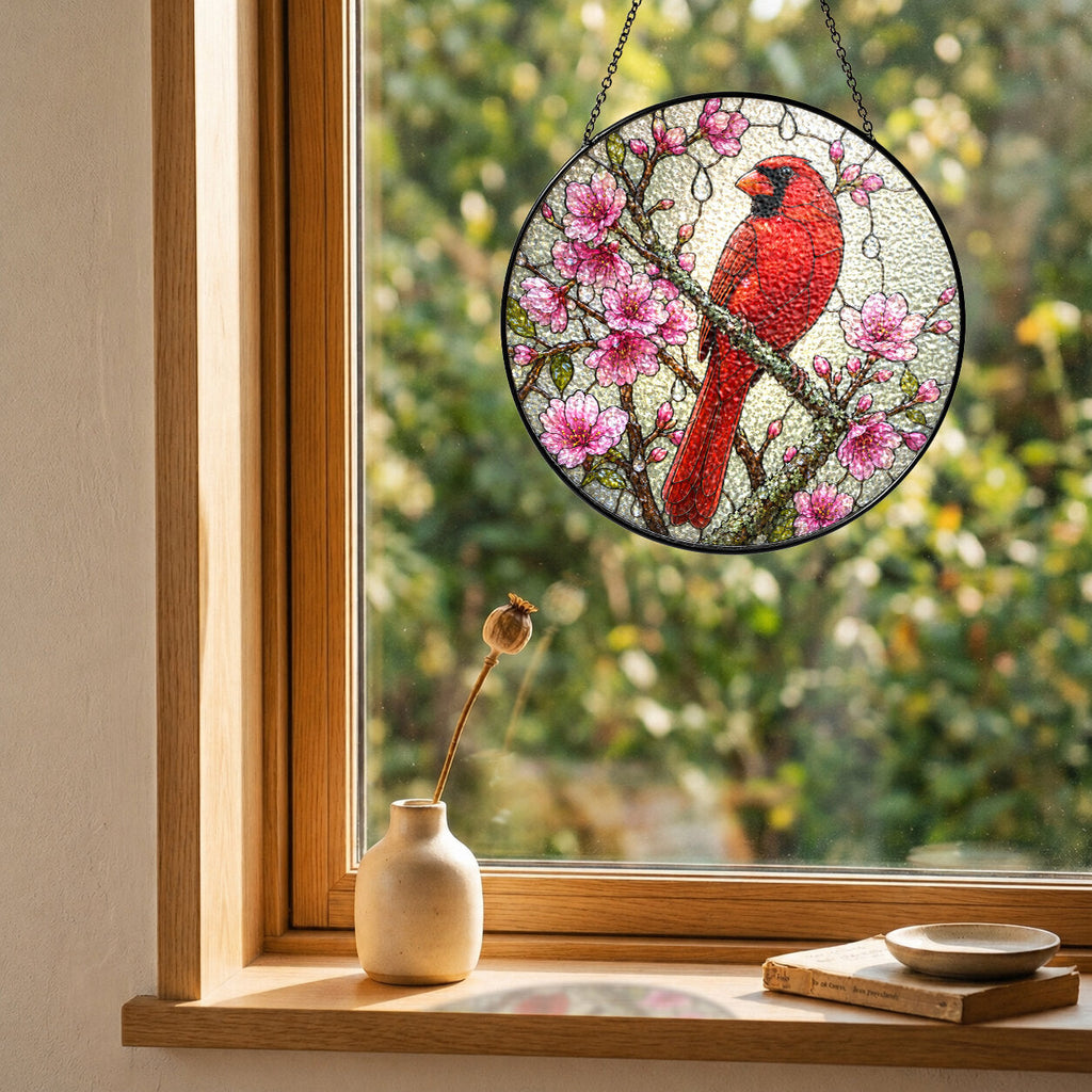 Cardinal & Cherry Blossom Stained Glass Suncatcher