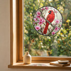 Cardinal & Cherry Blossom Stained Glass Suncatcher