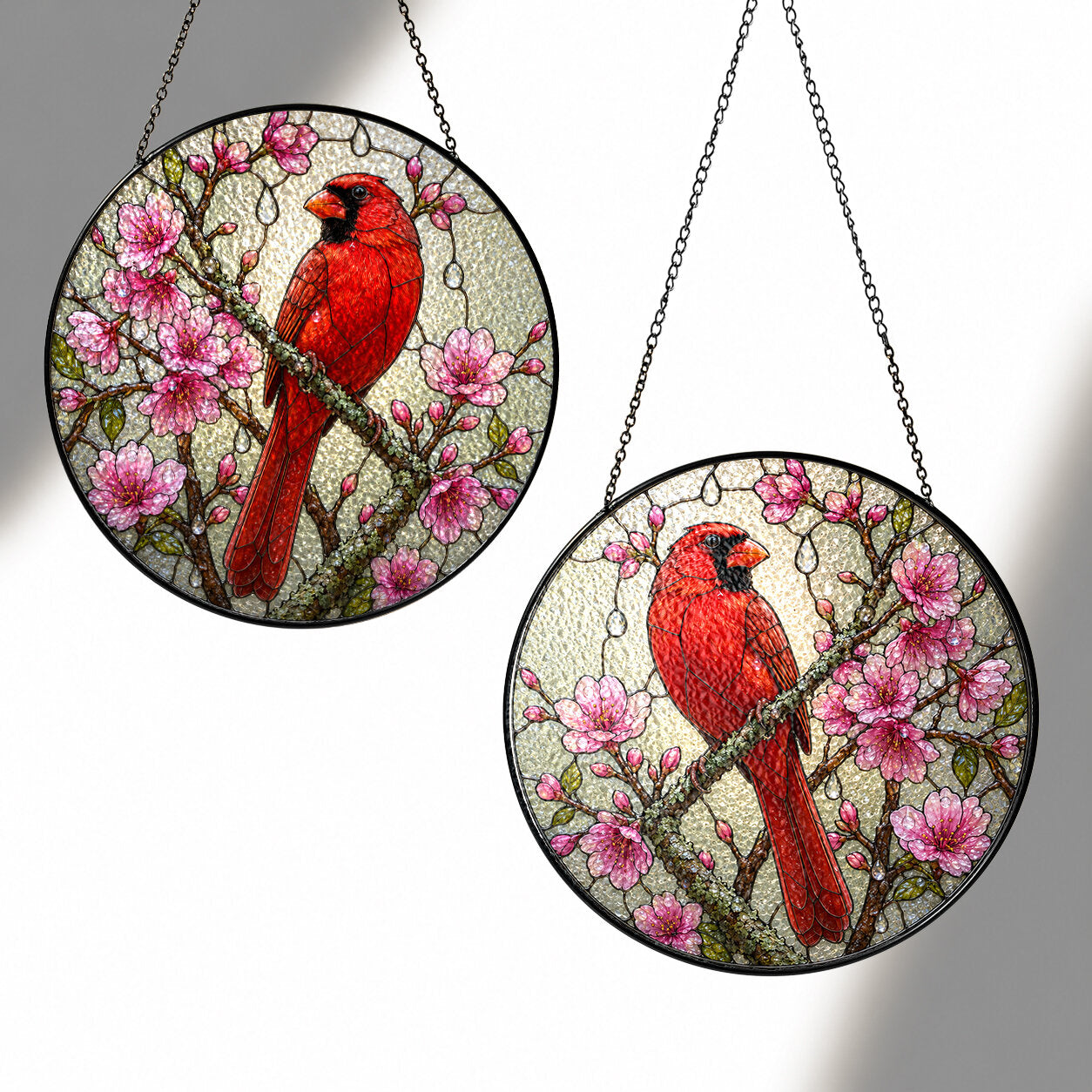 Cardinal & Cherry Blossom Stained Glass Suncatcher