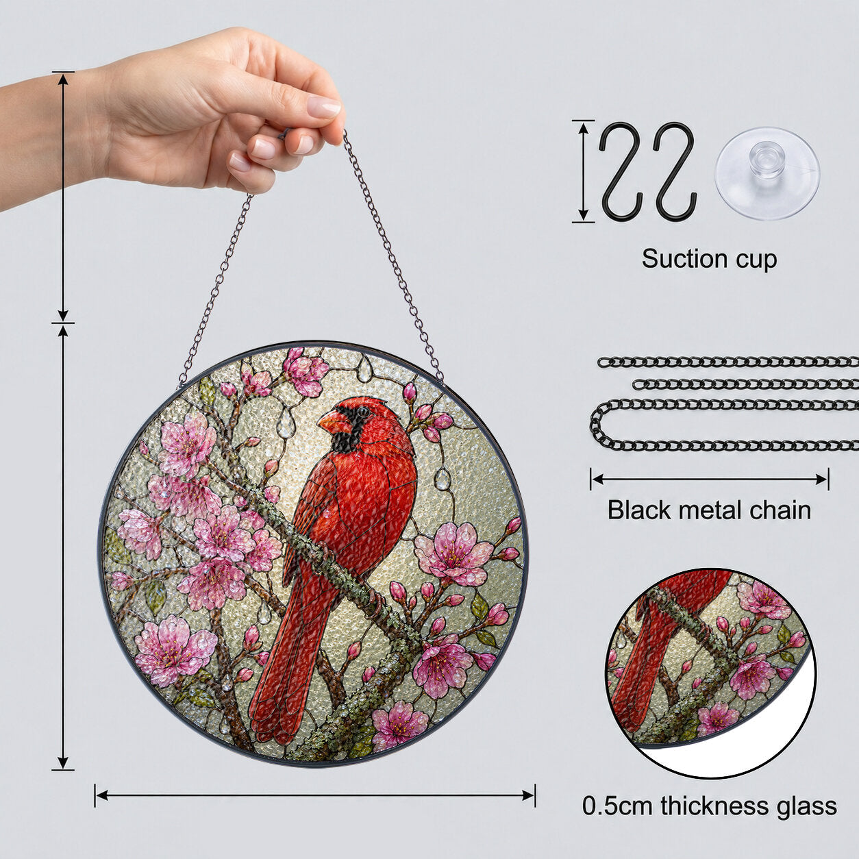 Cardinal & Cherry Blossom Stained Glass Suncatcher
