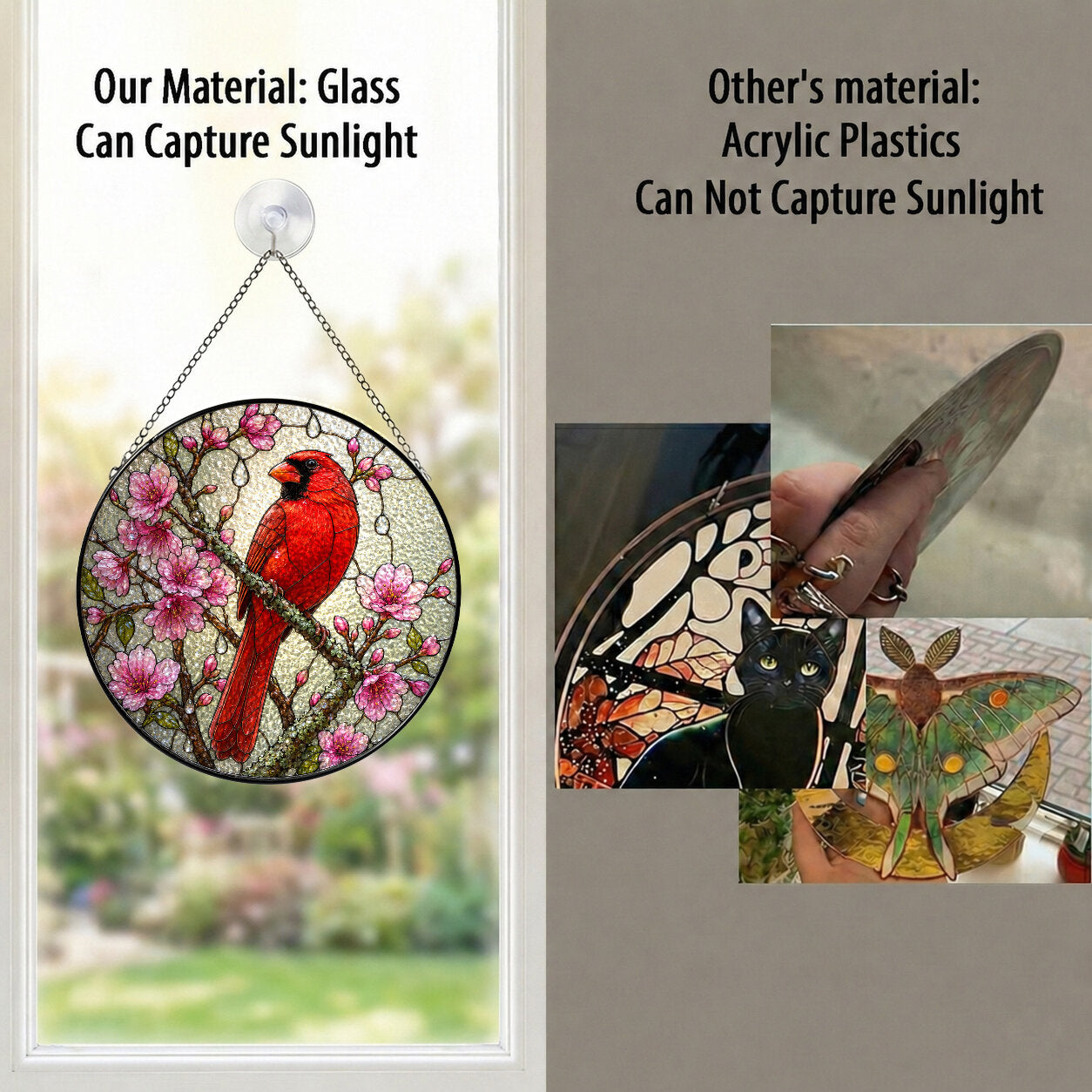 Cardinal & Cherry Blossom Stained Glass Suncatcher