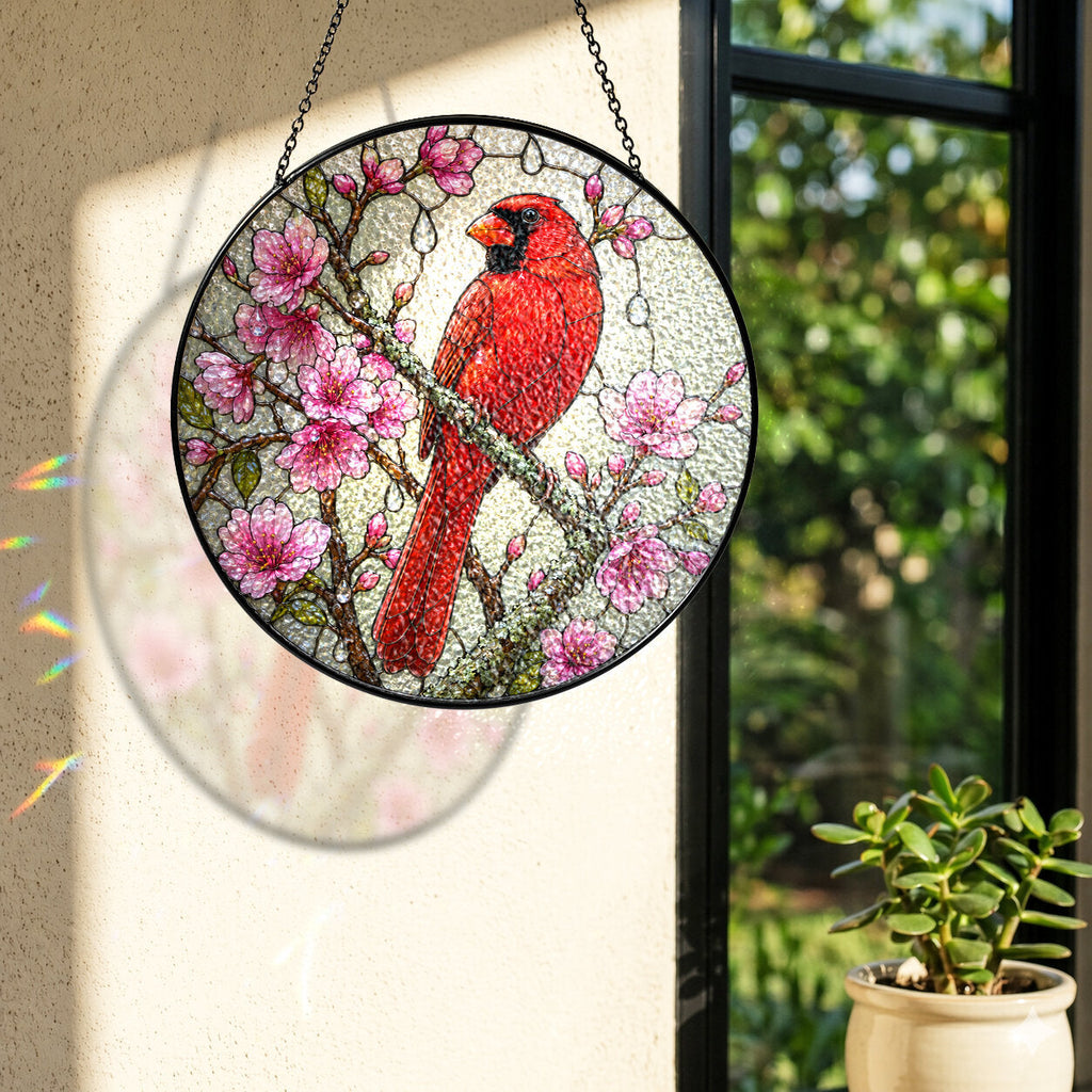 Cardinal & Cherry Blossom Stained Glass Suncatcher