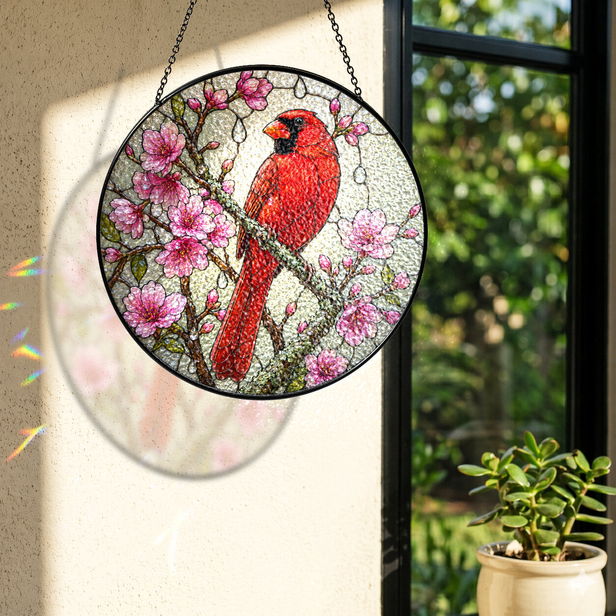 Cardinal & Cherry Blossom Stained Glass Suncatcher