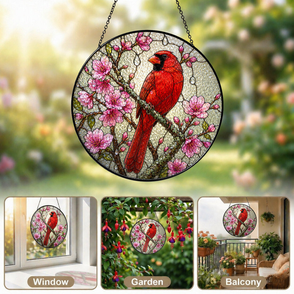 Cardinal & Cherry Blossom Stained Glass Suncatcher