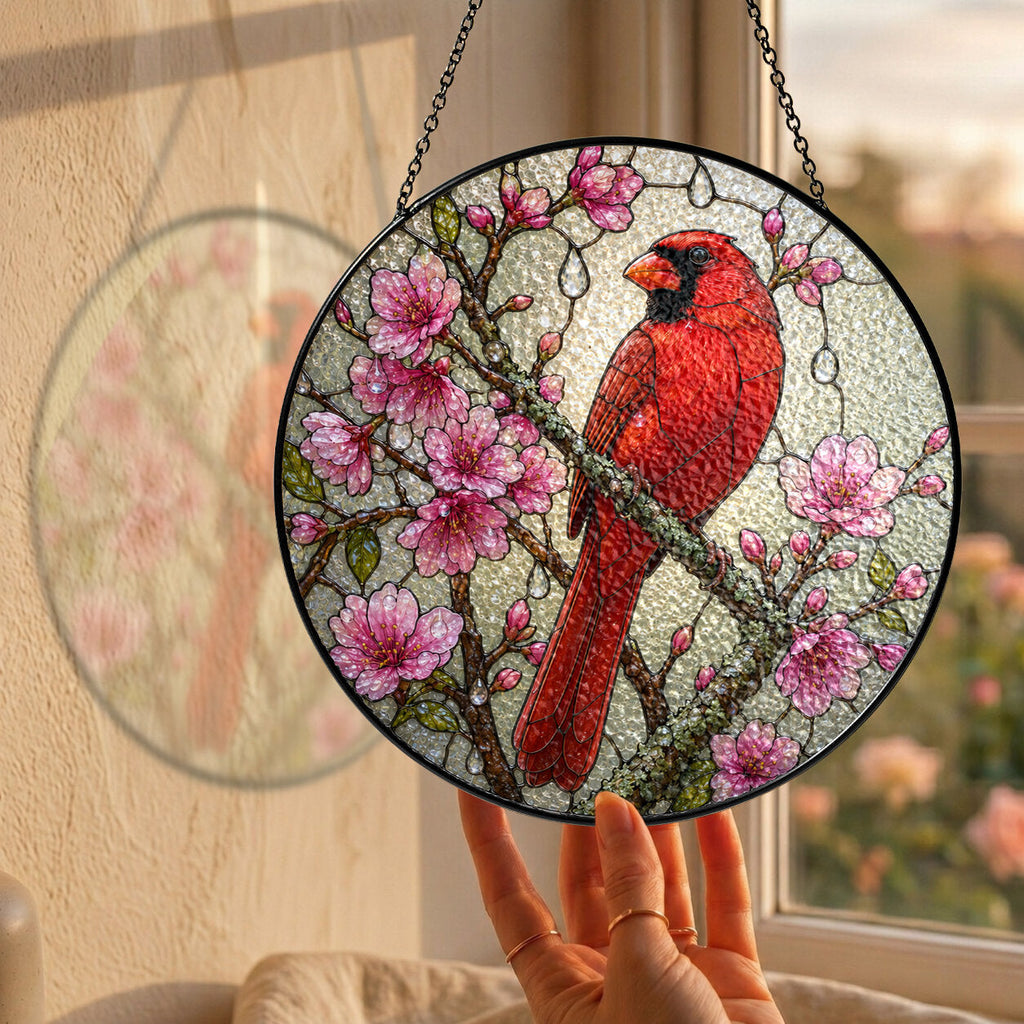 Cardinal & Cherry Blossom Stained Glass Suncatcher
