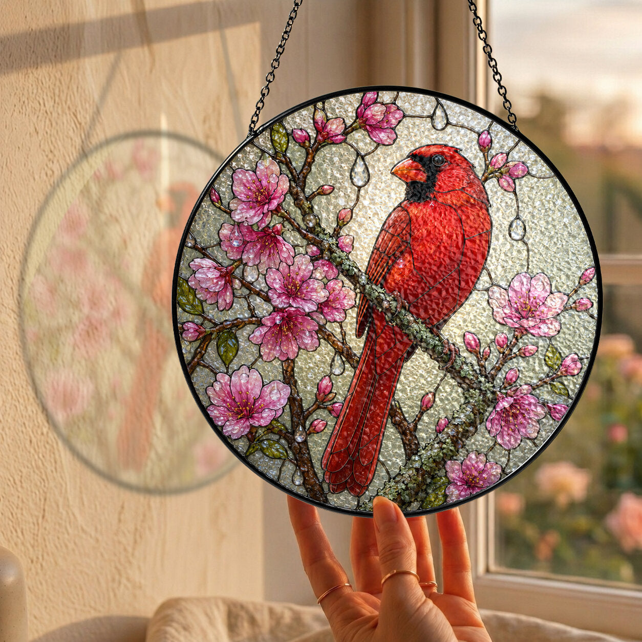 Cardinal & Cherry Blossom Stained Glass Suncatcher