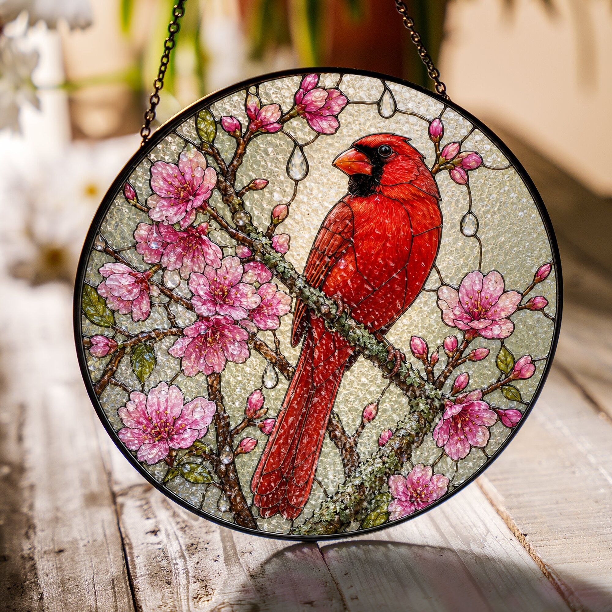 Cardinal & Cherry Blossom Stained Glass Suncatcher