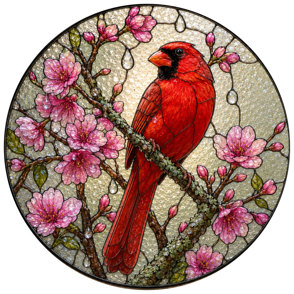 Cardinal & Cherry Blossom Stained Glass Suncatcher
