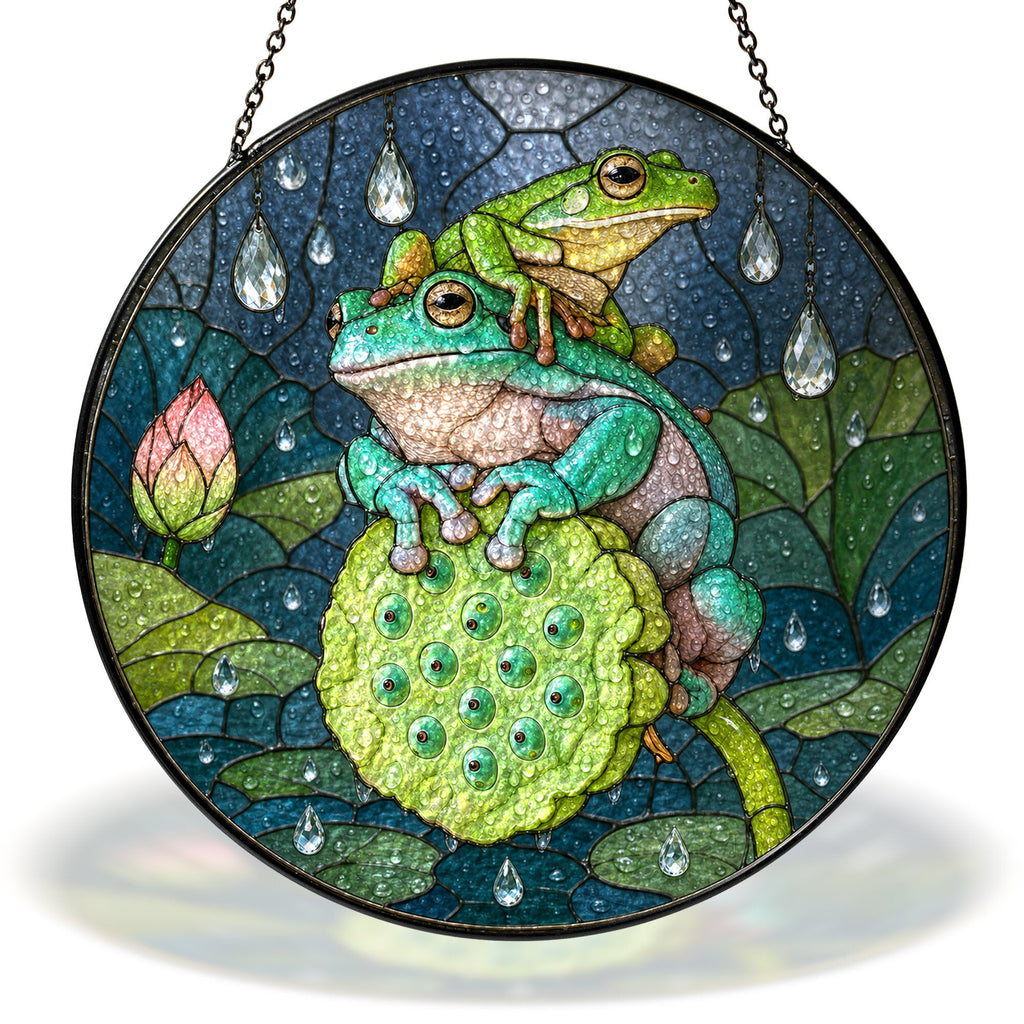 Frogs on a lotus pod in the rain stained glass suncatcher