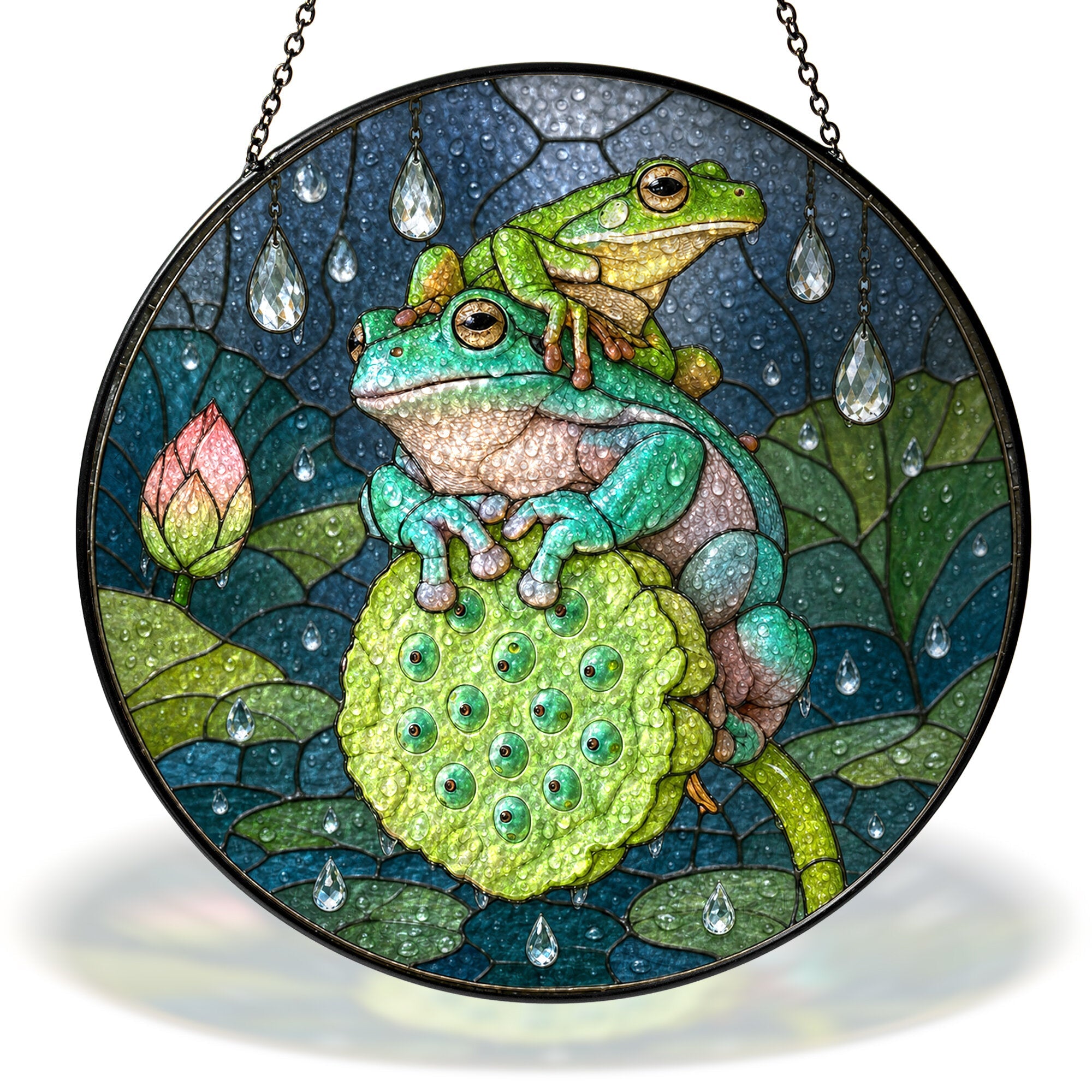 Frogs on a lotus pod in the rain stained glass suncatcher