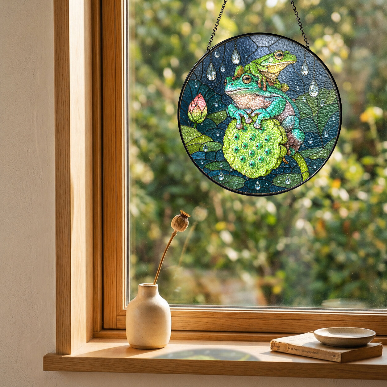 Frogs on Lotus Pod in the Rain Stained Glass Suncatcher