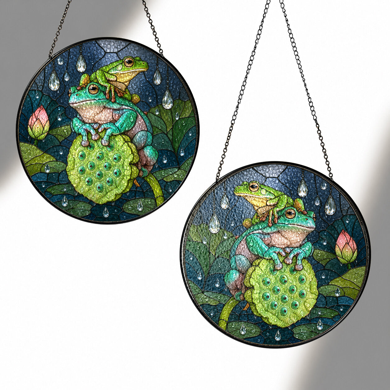 Frogs on Lotus Pod in the Rain Stained Glass Suncatcher
