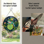 Frogs on Lotus Pod in the Rain Stained Glass Suncatcher